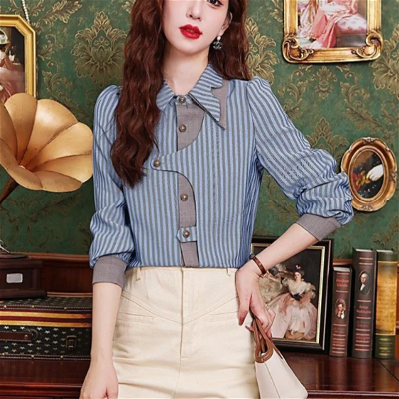 

Рубашка, женская блузка, полосатые топы, рубашки на пуговицах нестандартной формы, топ с острым вырезом, весенне-осенняя женская одежда, блузка