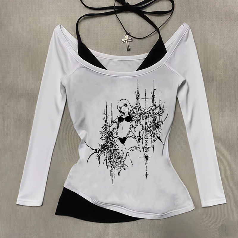 

New Outdoor Autumn/Winter Gothic Animated Character Emo Casual Hanging Collar Off Shoulder Fake Two Piece Set Long Sleeve Shirt
