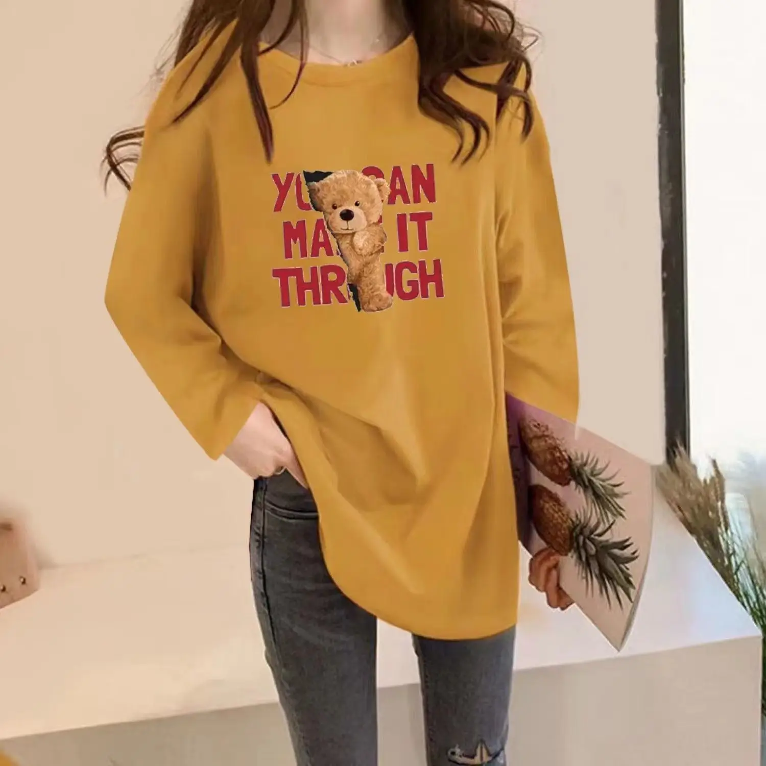 Cotton Long Sleeved T-shirt Women 2023 Autumn New Korean Loose Cartoon Print Medium Length Casual All-match Lady Classic Top