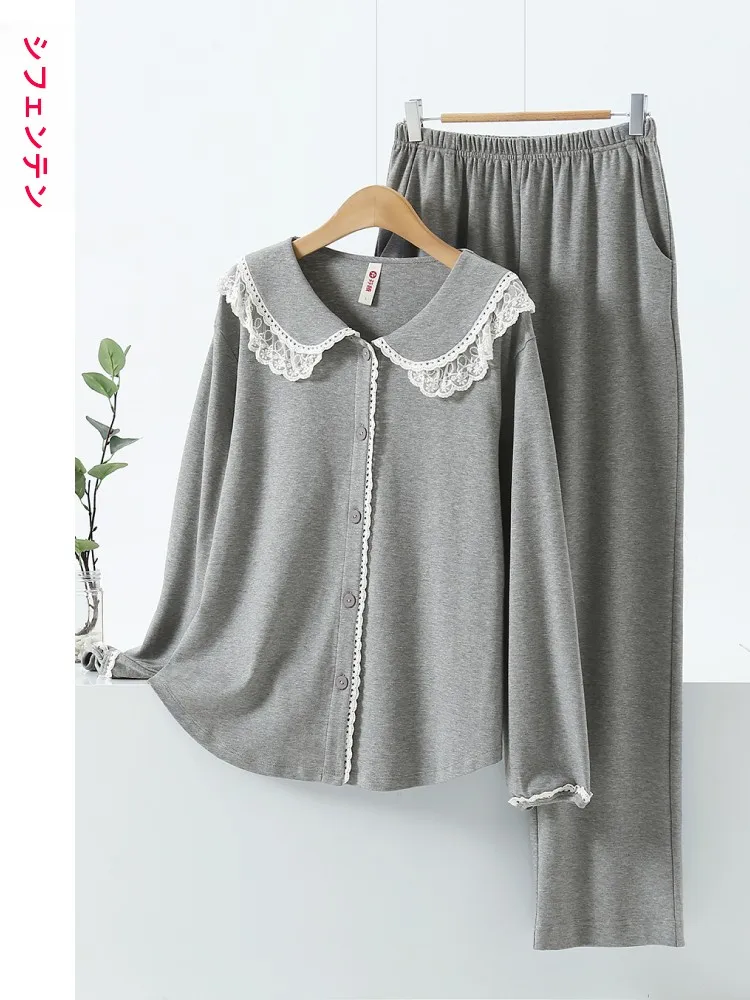 fenteng-women's-pure-cotton-long-sve-spwear-set-with-ruffle-collar-loose-fit-home-clothes-suitable-for-autumn-spring