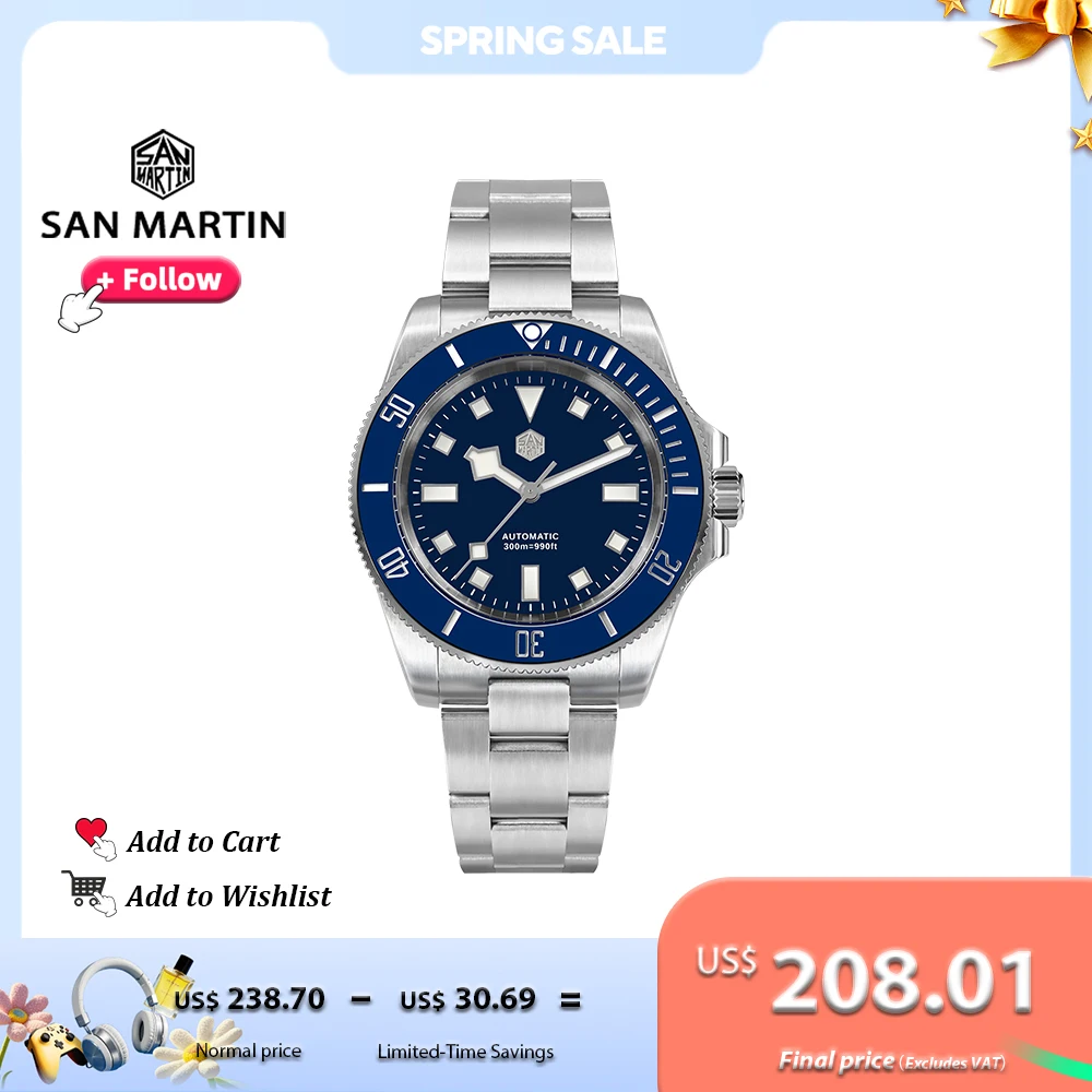 

San Martin 40mm Diver Watch Stainless Steel Sapphire Crystal NH35 Automatic Mechanical Snowflake Hands 300Bar for Men SN0111