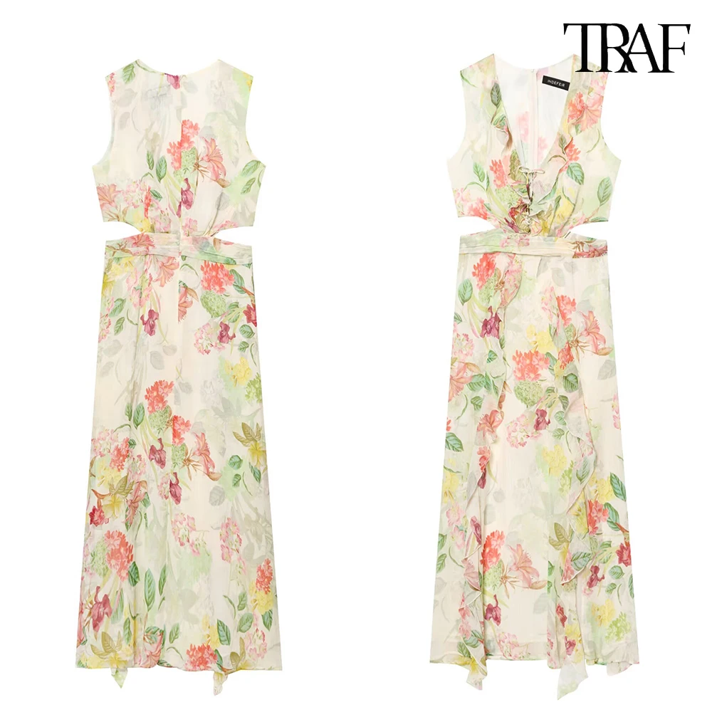فستان نسائي جديد مطبوع بلا أكمام مطبوع من TRAF فستان نسائي جديد بدون أكمام Y2K فستان نسائي مثير برقبة على شكل V مجوف شاطئي 2025 صيفي مزاجية ملابس نسائية #1