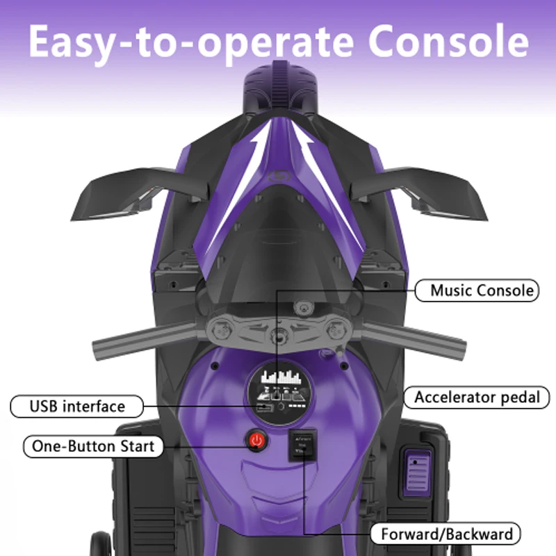 12V子供用バイク、3～4歳向け電動バイク、バイオレット子供用バイク、子供の日のギフト、誕生日プレゼント