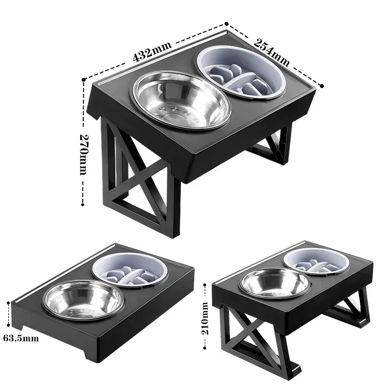 Stainless Steel Pet Elevated Double Bowl Cat Dog Bowl 2 in 1 Pet Feeder Adjustable Height Slow Food Bowl