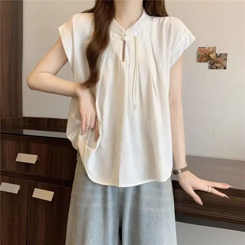 

Женская летняя мода, инди-фолк, однотонная женская одежда с круглым вырезом и короткими рукавами, белая футболка без рукавов в китайском стиле