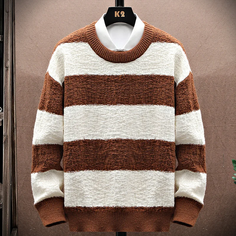 

Men's Crew Neck Striped Knit Sweater | Intricate Textured Pattern | Soft Knit | Casual Style | Daily Campus Leisure Office Wear