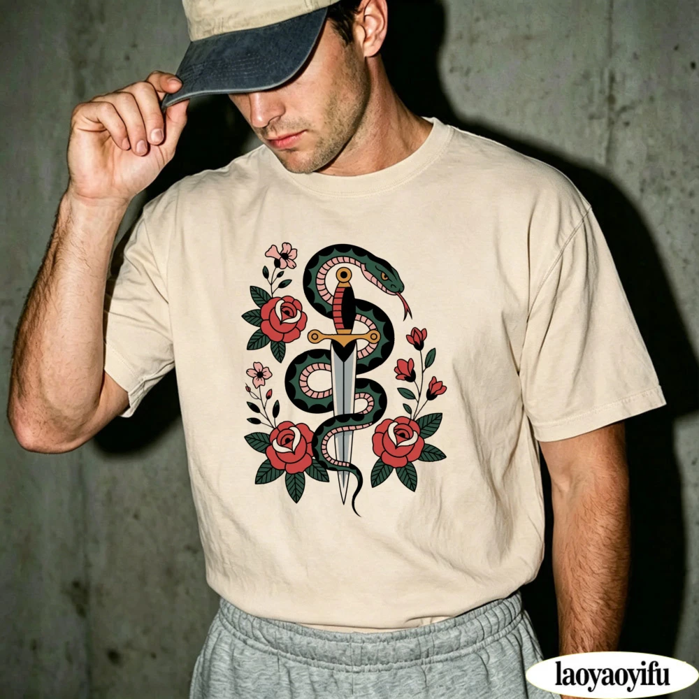 Old School Tattoo Snake Sword Blooms T Shirt Classic Rose Floral Art Short Sleeve Men Tattoo Lover Gothic Street Wear Gift Tops