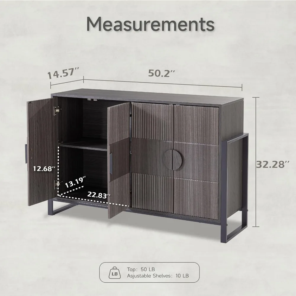 Modern Storage Cabinet, Accent Fluted Sideboard Buffet Cabinet with 4 Doors and Adjustable Shelf, Grey