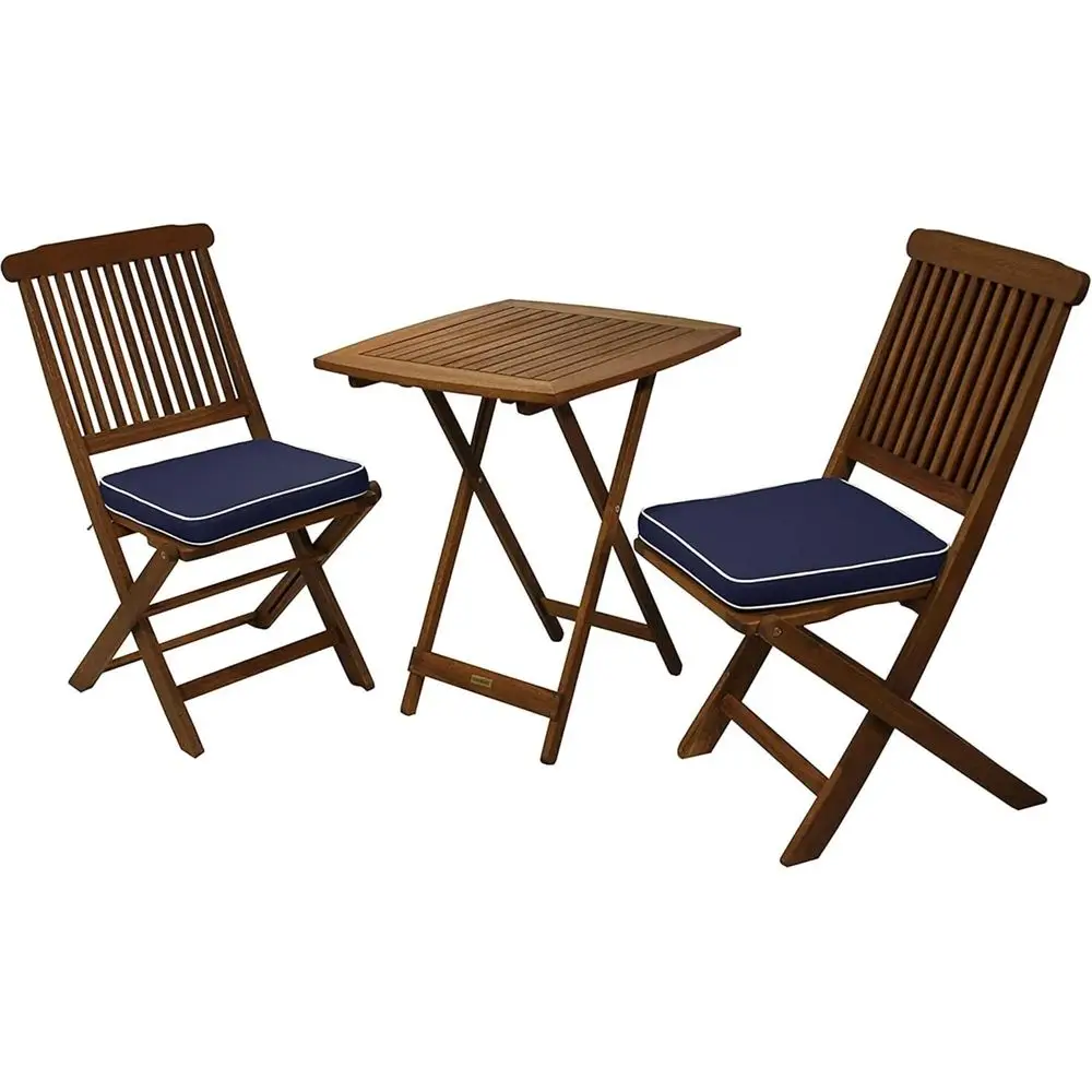 

3-Piece Blue Square Outdoor Bistro Set with Cushions, Table and 2 Chairs