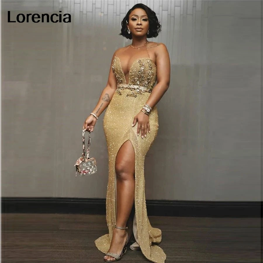 

Customized Gold Sequined Mermaid Prom Dress Crystals Beaded Long Evening Dress for Women 2026 Side Split Robe De Sorrie YPD317