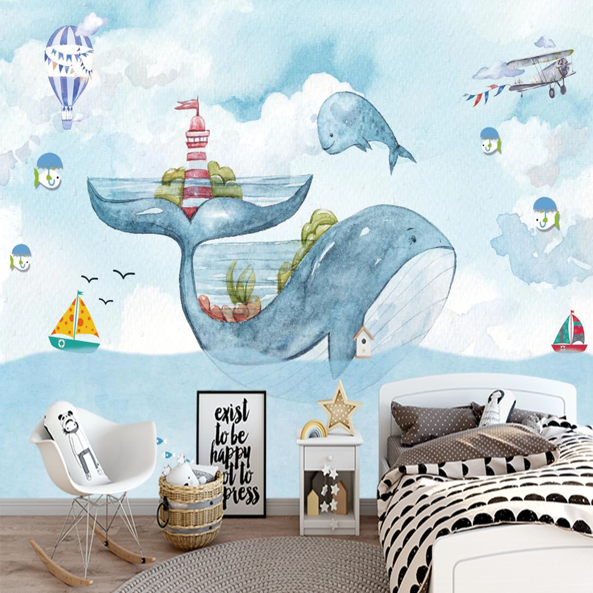 Custom Wall Mural Cartoon Nautical Ocean Wallpaper Watercolor Whale Hot Air Balloon For Children Bedroom