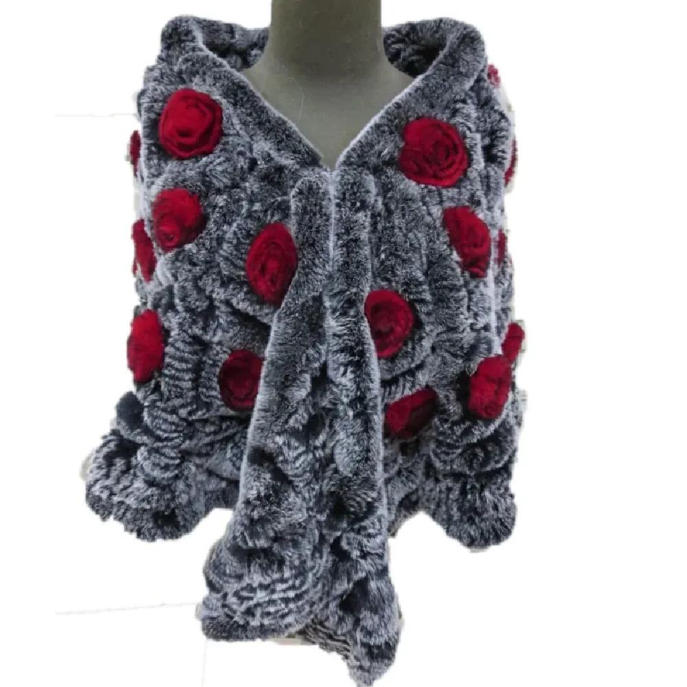 Women Real Rex Rabbit Fur Cape Coat Female Knitted Semicircle Rose Poncho Lady Winter Warm Wraps Hollow out woven pattern