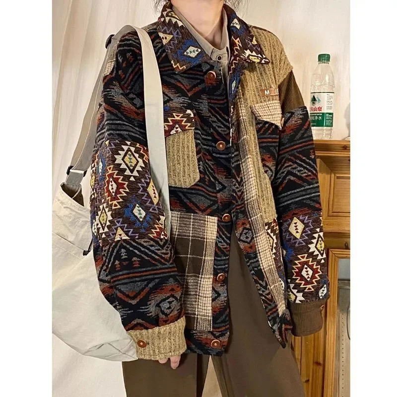 Giacca stile etnico patchwork di marca American Retro Loose Fit Giacca stile vintage giapponese per coppie in primavera e autunno 2025