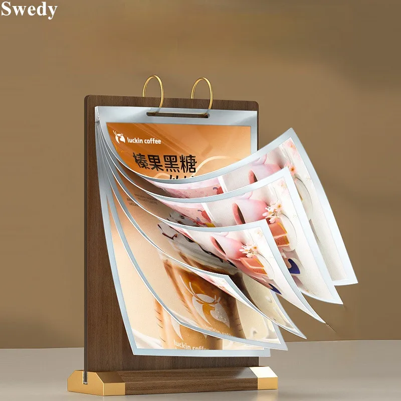 A5 148X210MM Page Turning Acrylic Sign Holder Display Stand Wooden Flyer Document Poster Frame Menu Paper Holder Stand