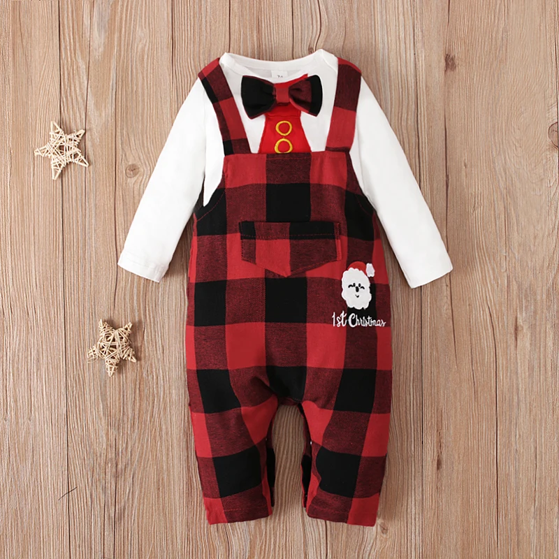 Boys European and American spring and autumn style long-sleeved bow tie romper top + plaid overalls two-piece children\'s clo