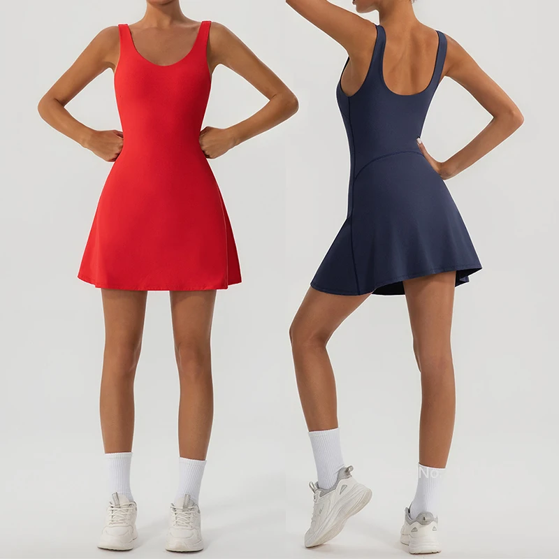 Women Tennis Sports Dress with Chest Pad Outdoor Fitness Quick-drying Golf Tennis Dress Lady Sleeveless V-neck Skirts with Short - Image 3