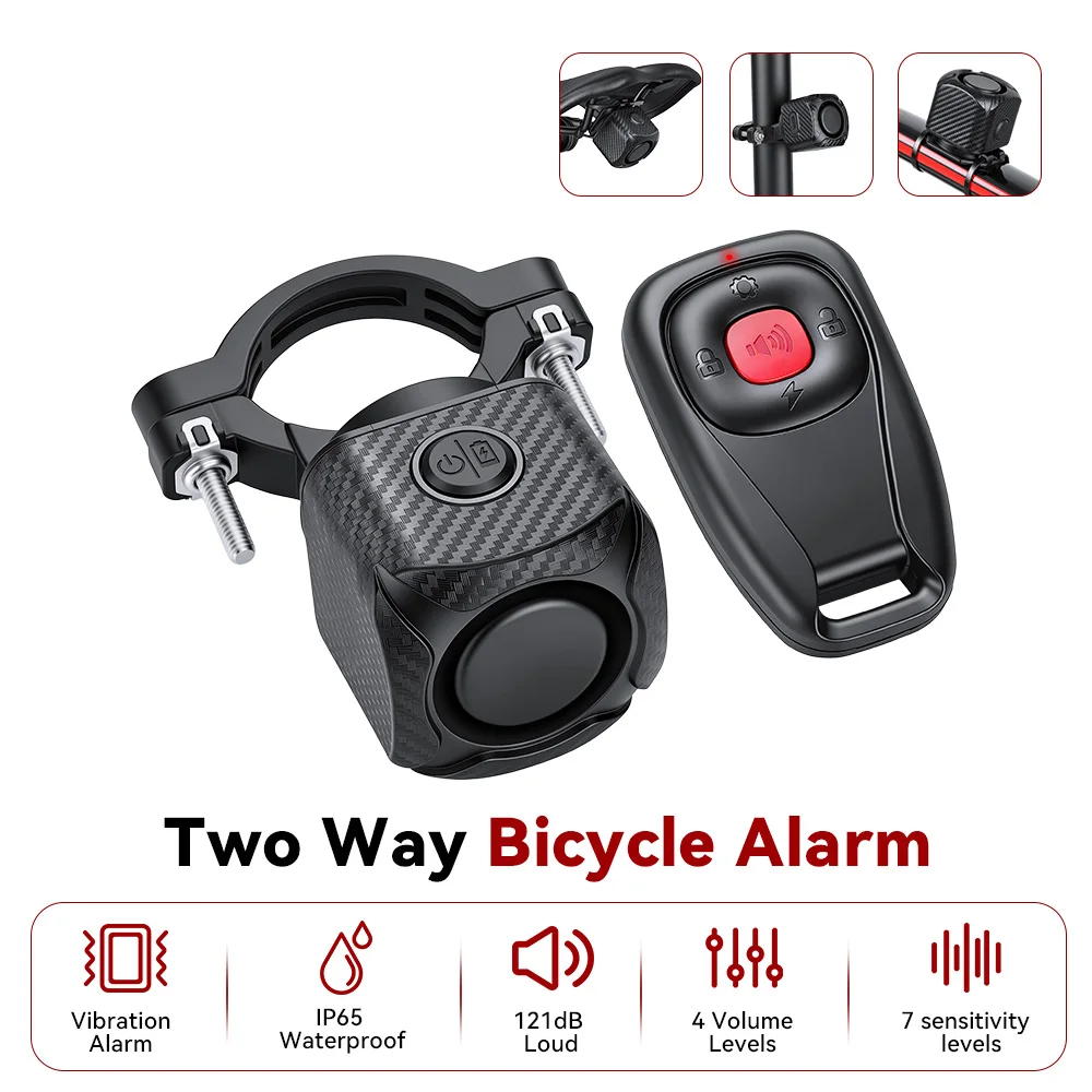 Two Way Bike Anti-Theft Alarm Vibration Trigger Alert 121dB Loud Siren Remote Bike Locator For Bicycle E-Bike Scooter Motorcycle