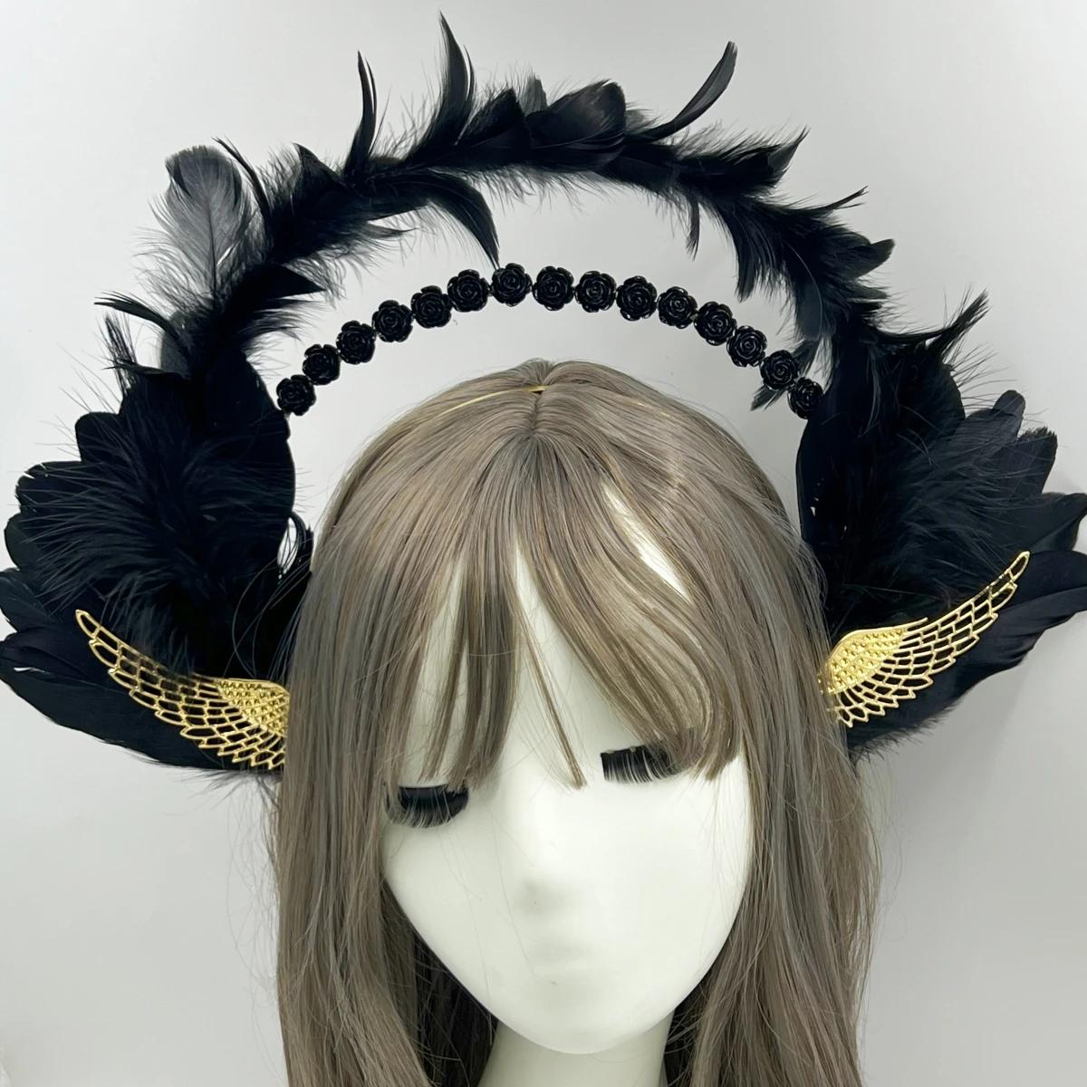 Angel Black Feather Wings Gothic Virgin Halo Crown Headband Vintage Church Mary Baroque Tiara Cosplay Kawaii Accessories