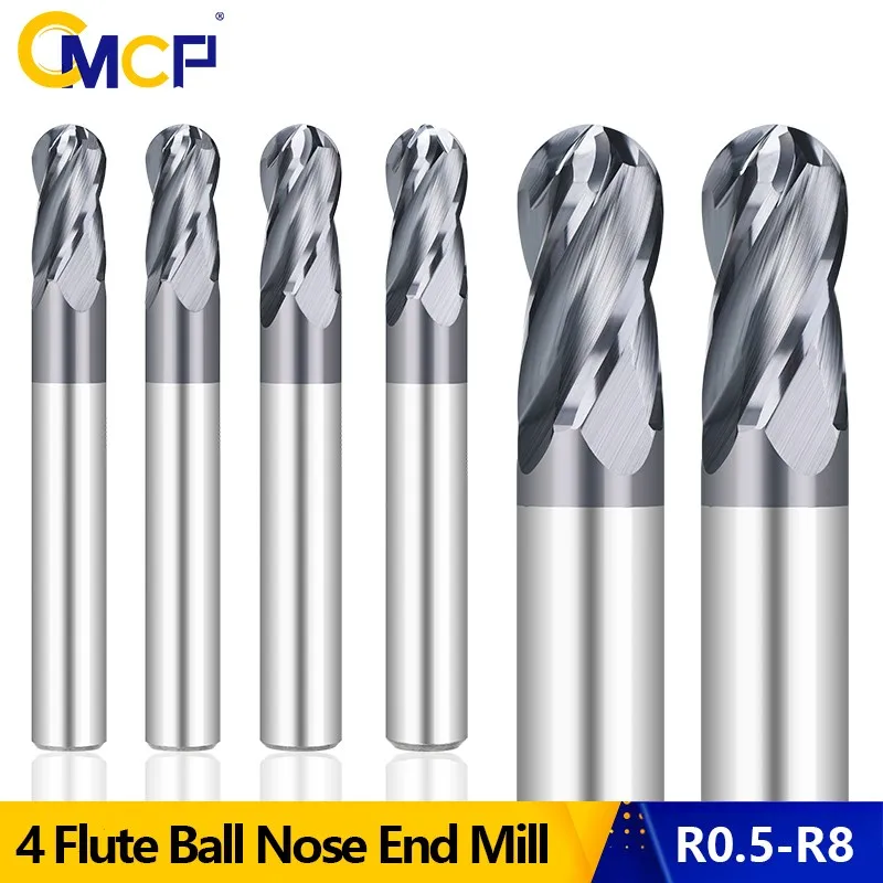 

CMCP 4 Flute Ball Nose End Mill 4 Teeth Solid Carbide Milling Cutter CNC Finishing Machining R0.5-R8 Metal Cutting Tool