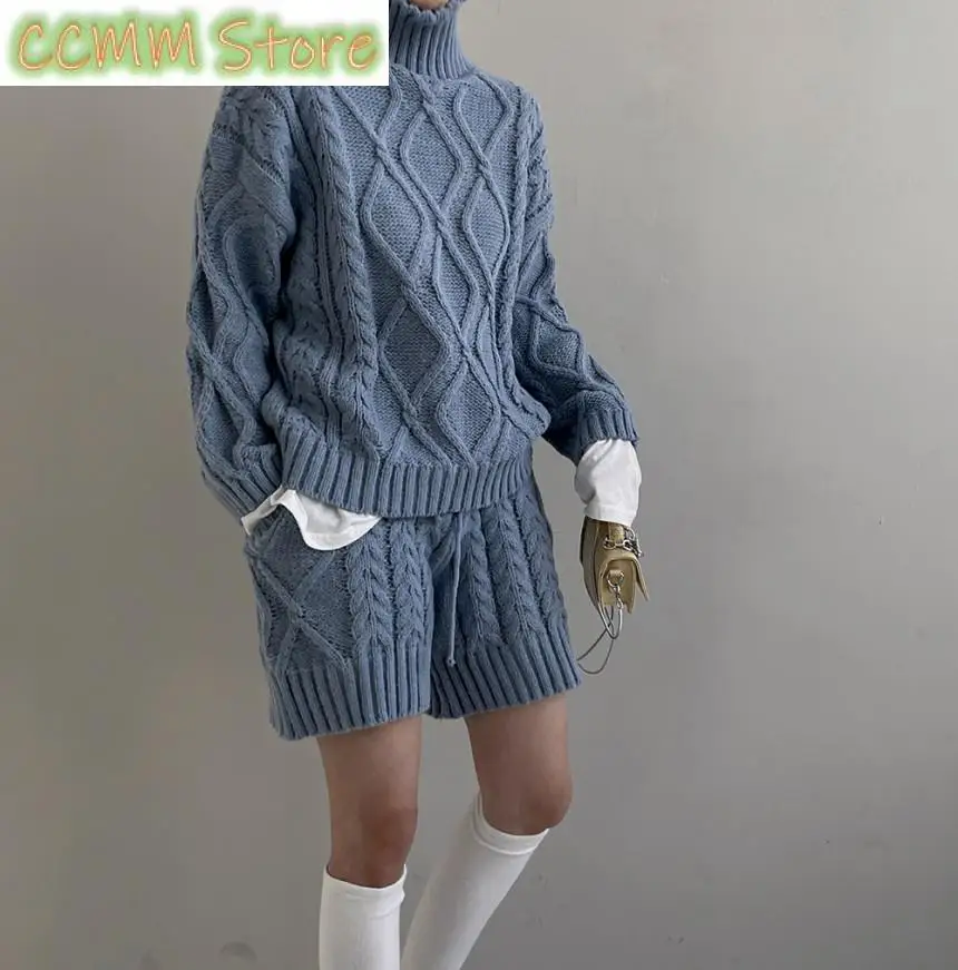 Fashion Trend Lazy Wind High Neck Hemp Pattern Knitted Sweater Female Autumn and Winter Thickened High-waisted Shorts Suit