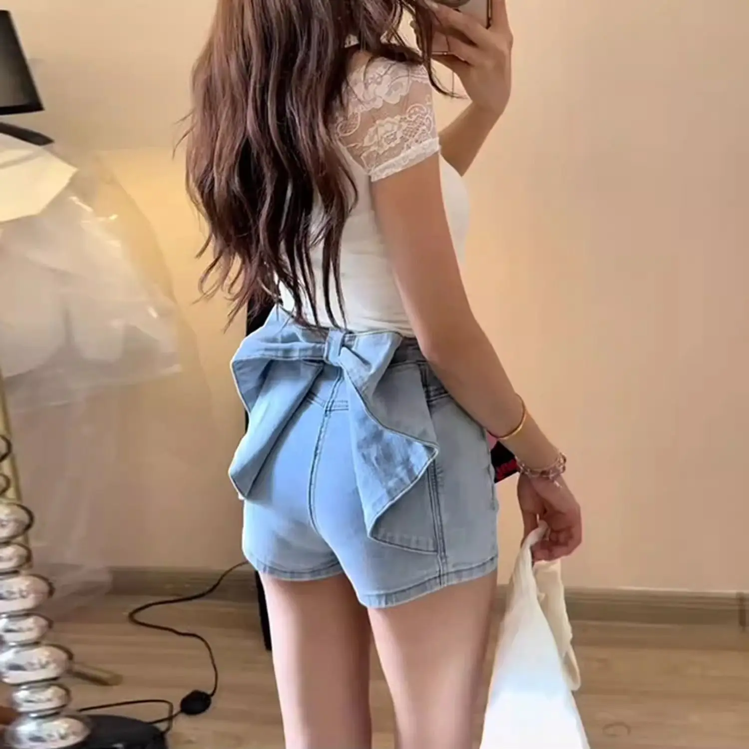 Light Blue Bow Denim Shorts Women's Summer High Waist Tight A-shaped Jeans Hot Pants