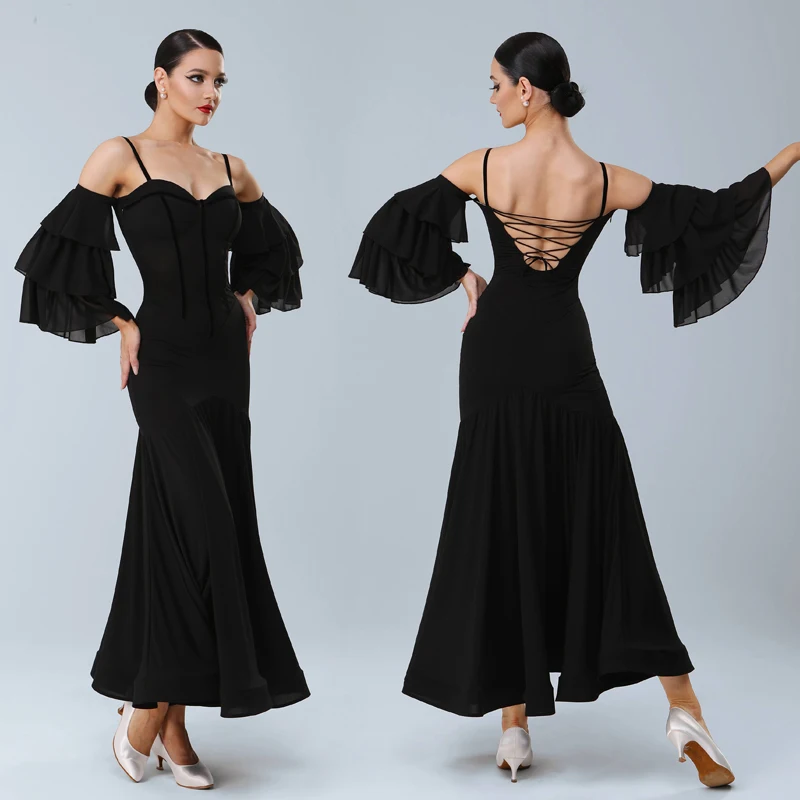 Female Modern Dancing Clothes Women\'S Waltz Ballroom Dance Professional Costume Adults Cake Sleeves Latin Dance Dress SL11012