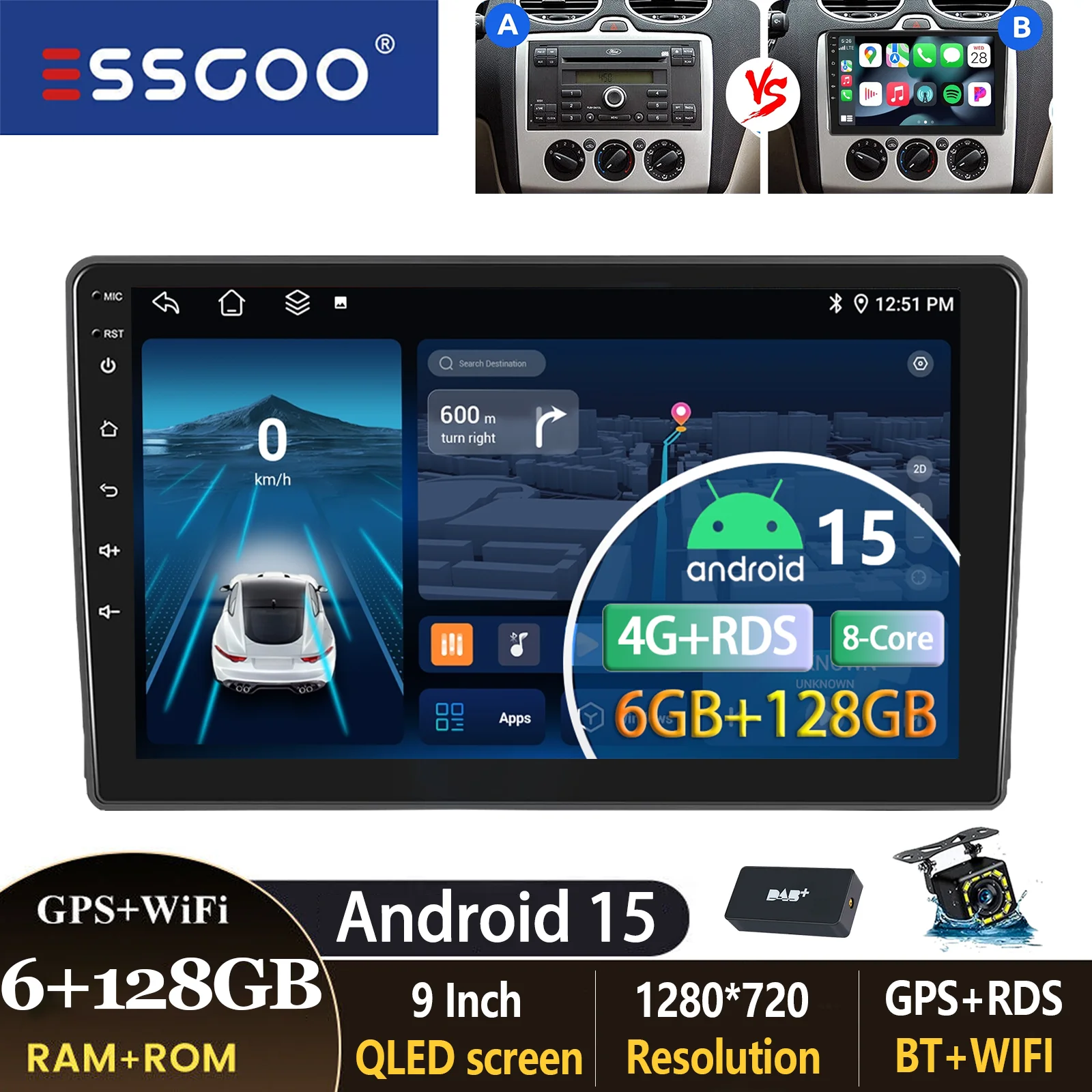 ESSGOO 9 inch autoradio voor Ford Focus MK2 Transit MK7 C-Max S-Max Kuga Galaxy Connect met Carplay, Android Auto, GPS, BT, FM, RDS en SWC