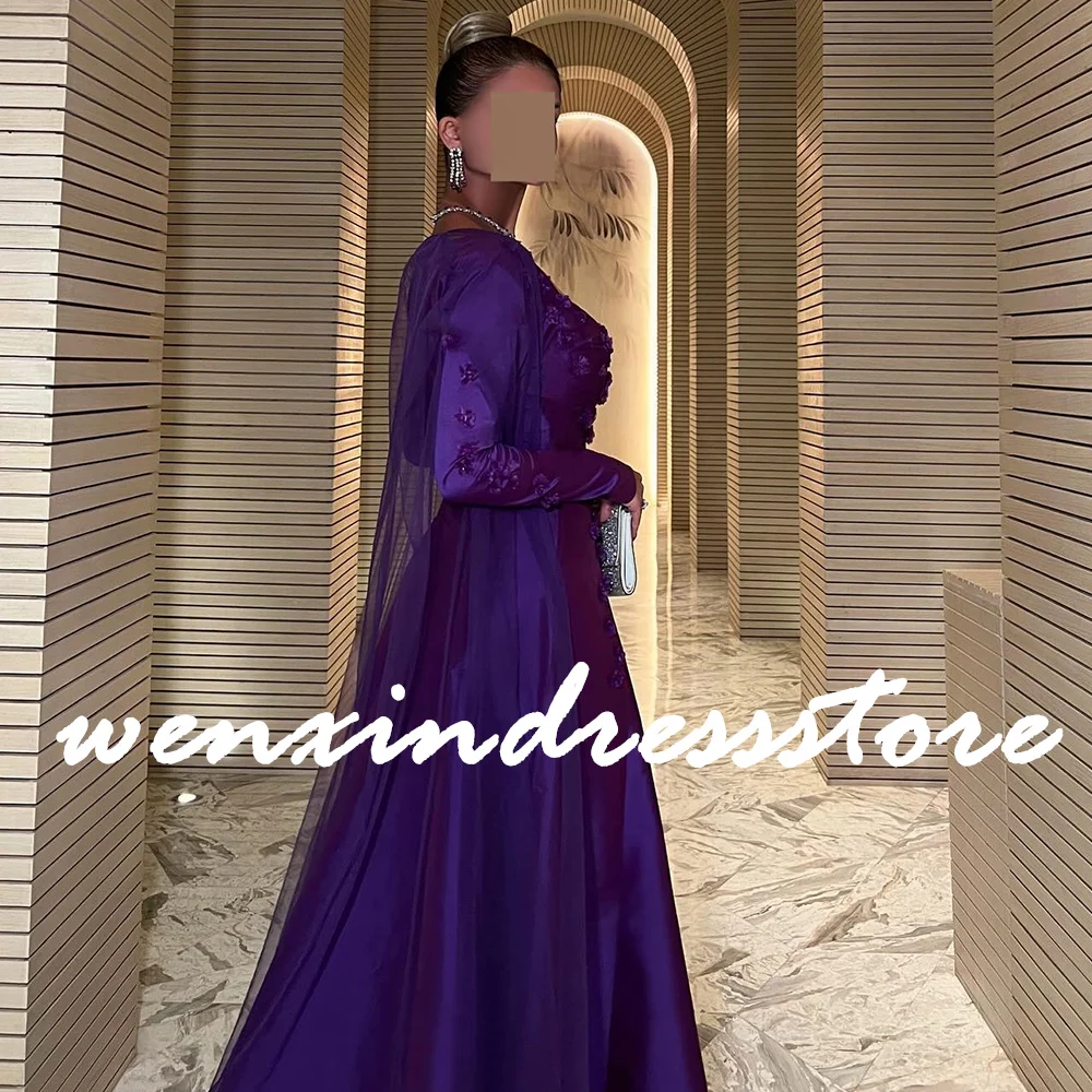 Dubai Evening Caftan Dress Purple Floor Length Straight Long Sleeves Satin Square Neck Pleats Appliques Sweep Train Exquisite