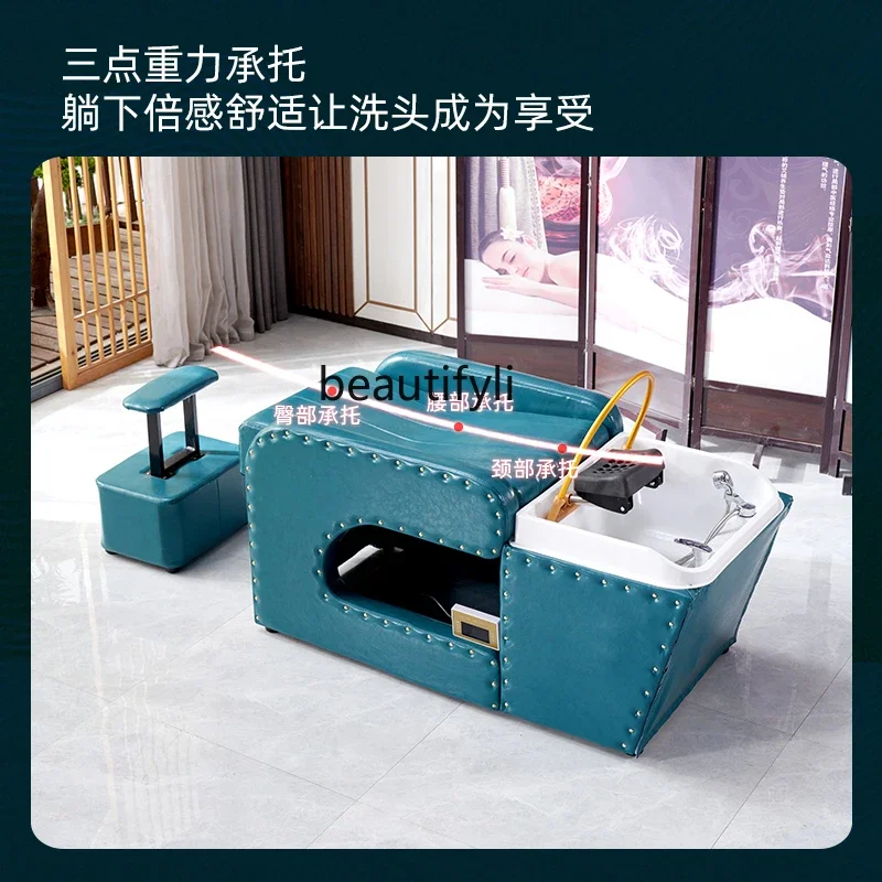 SMT03 كرسي شامبو للعلاج بالرأس لتدوير المياه، صالون شعر، جلد مخصص مقاوم للماء، منزلي صغير