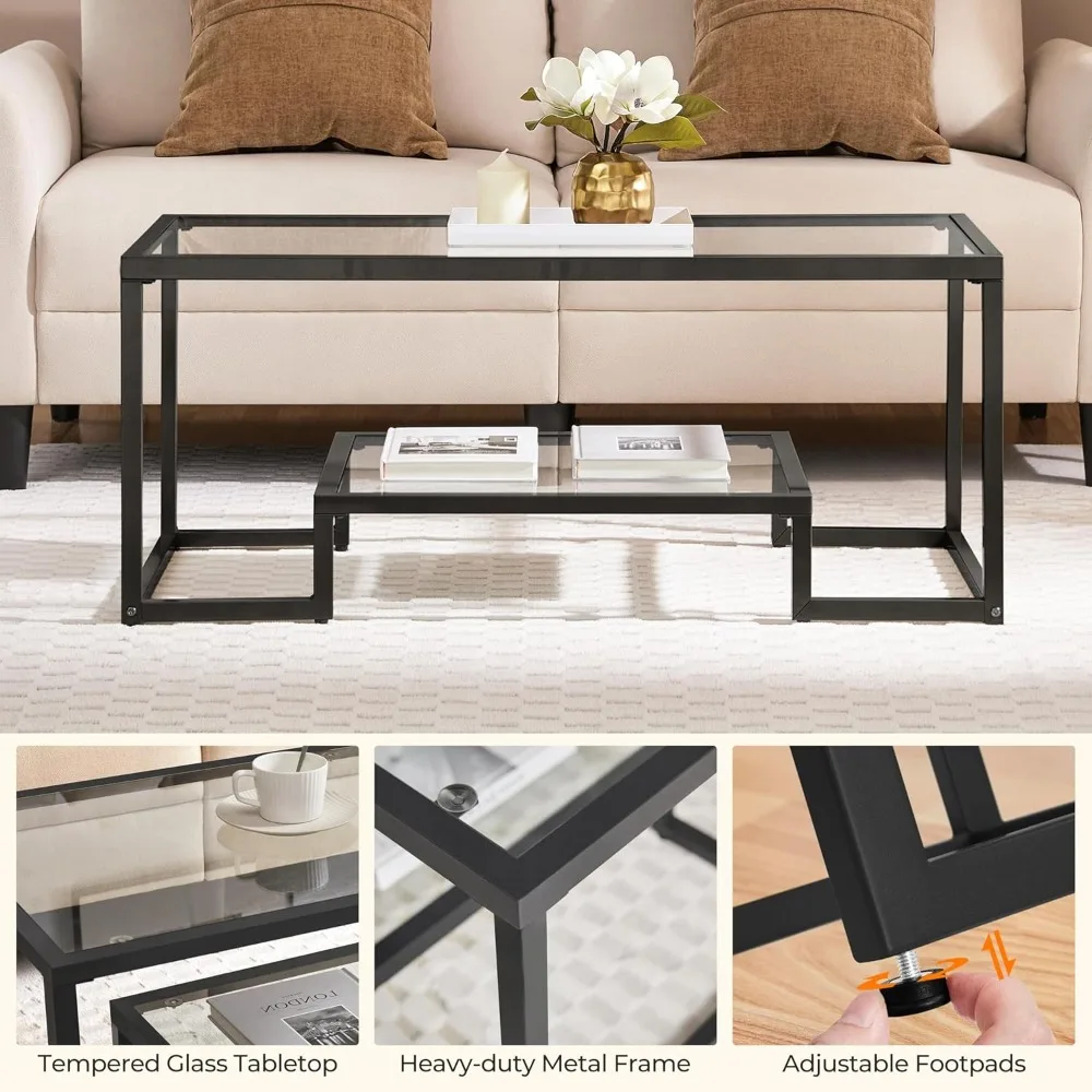 Coffee Table, Tempered Glass Coffee Table, Modern Simple Center Tables w/Geometric-Inspired Design & Metal-Frame & Eas