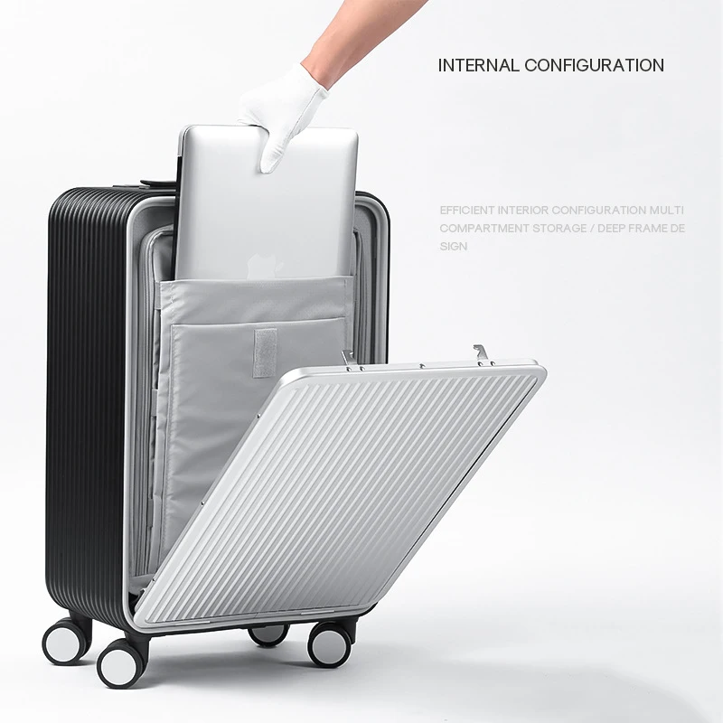 All-aluminum high quality travel luggage 20 inch 24 inch trolley suitcase front opening large-capacity carry on trolley case