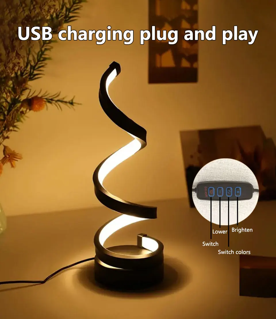USB Plug in Creative Spiral LED Night Light Dimmable 3 Colors Adjustable for Living Room Office Desk Table Bedroom Bedside Decor