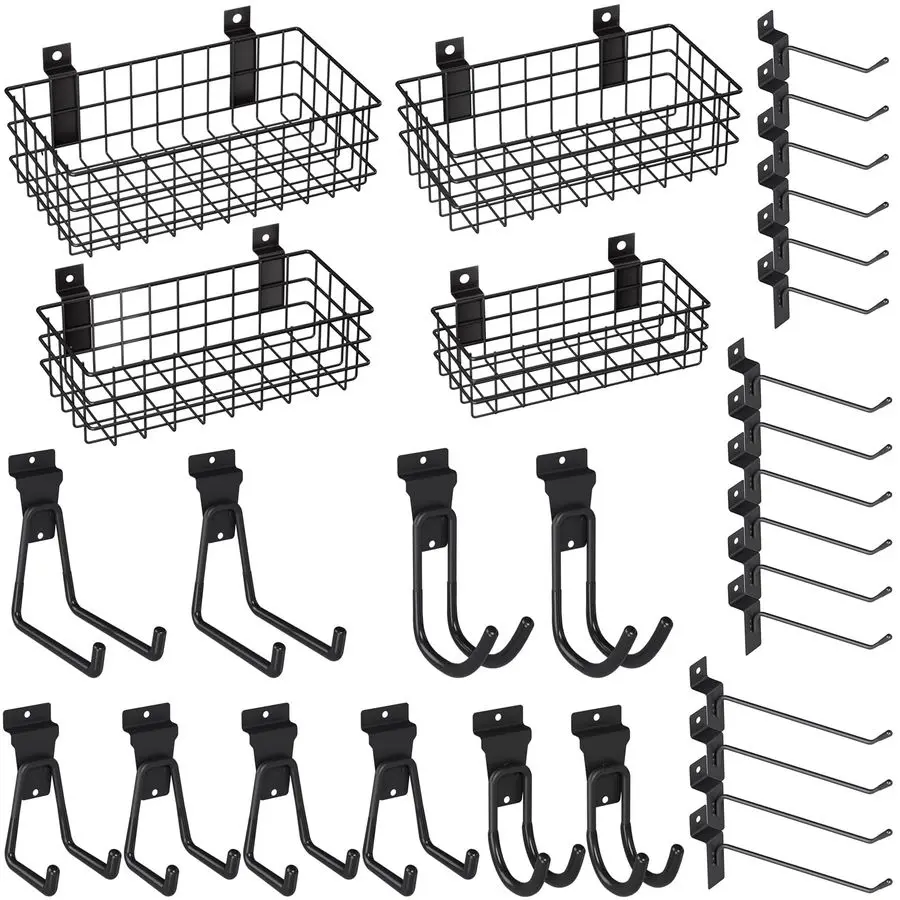 

30PCS Slatwall Accessories Set, Includes 4 Pack Ventilated Metal Wire Slatwall Baskets and 26PCS Multisized Heavy Duty Slatwall