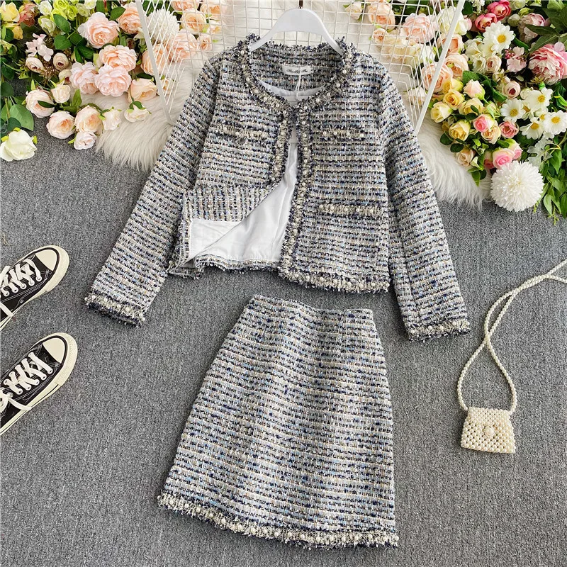 2024 Elegant Set for Women: Autumn Winter New Refined Tweed Coat and Bodycon Skirt Sophisticated Two-piece Spring Outfit Fashion