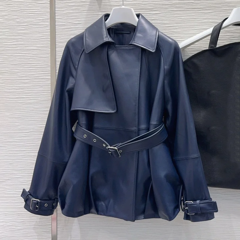 

High-quality women's stylish leather coat with a small sheepskin waistband luxury clothing for autumn jacket 25103018