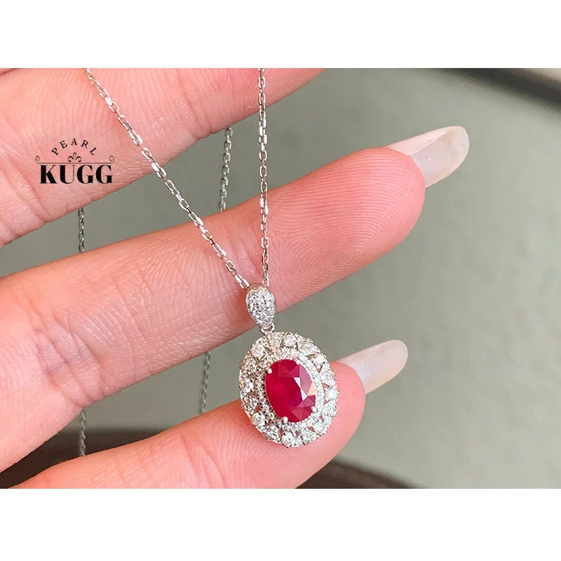 

KUGG 100% 18K White Gold Necklace Women Vintage Palace Style Shiny Diamond Natural Ruby Pendant Necklace High Party Jewelry