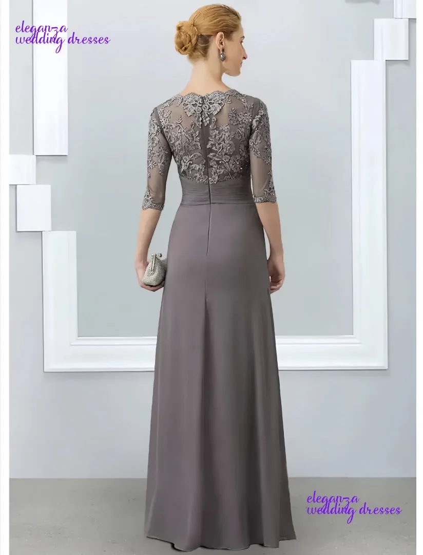 Abito da madre della sposa grigio a trapezio personalizzato con collo gioiello, lunghezza del pavimento, mezze maniche in chiffon, applicazioni in pizzo, abiti da festa di nozze