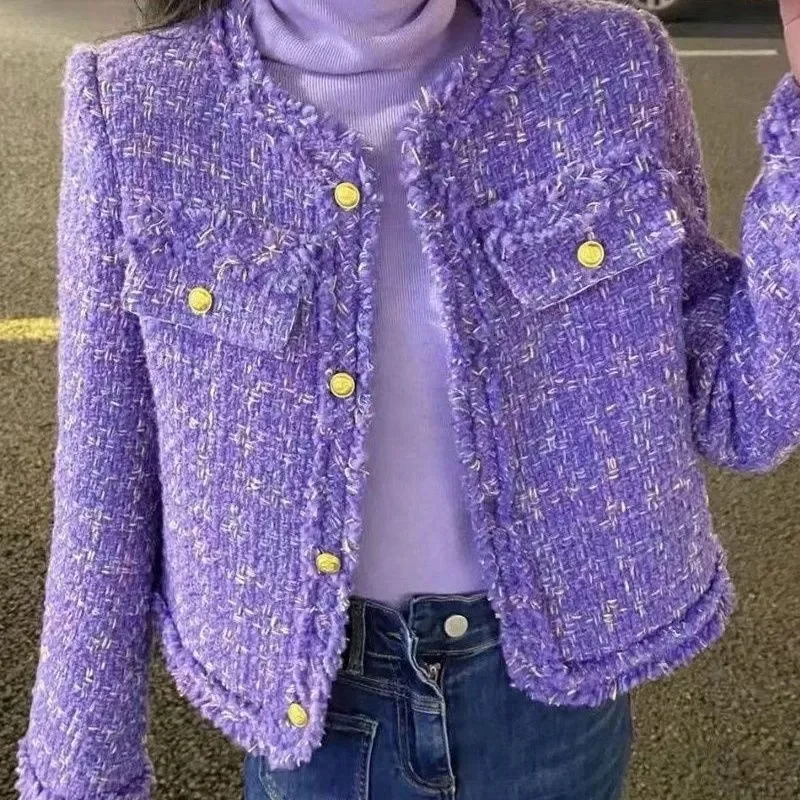 Small Fragrance Tweed Jacket Women Spring Autumn Elegant Cropped O-neck Outerwear Purple Casual Tweed Woolen Coat Ladies Tops