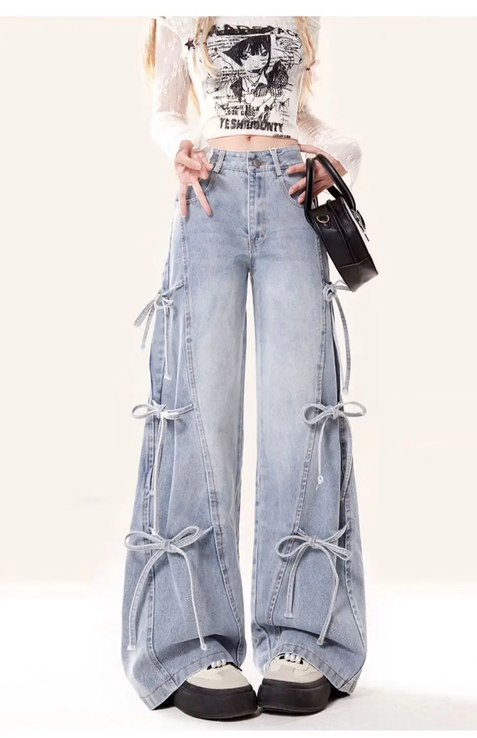 

Y2K 2000S Jeans Pants Women Vintage Streetwear Bow Bandage Wide Leg Denim Pants Harajuku Korean Baggy Casual Straight Trousers