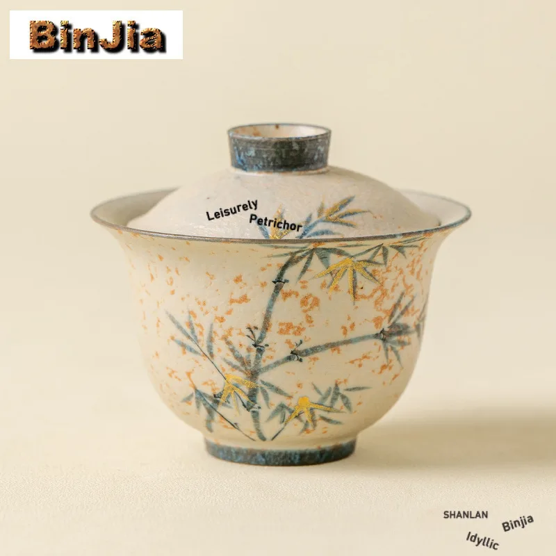 

120ml Hand-painted Bamboo Gaiwan Ancient Tea Tureen Household Tea Bowl With Lid Kit Tea Maker Cover Bowl Tea Services Collection