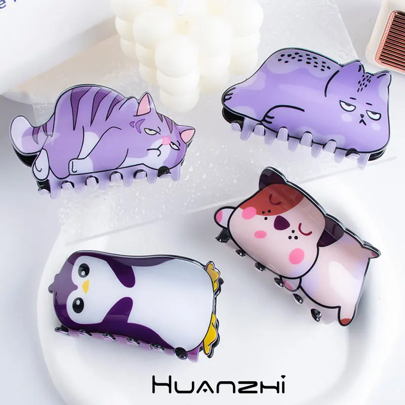 Cute Unique Purple Penguin Dog Cat Resin Hair Claw for Women Girl Trendy Hair Clip HUANZHI NEW 2024 Funny Animal Headwear