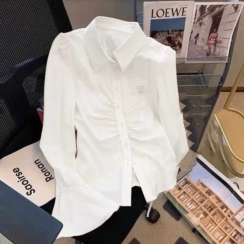 Gidyq Elegant Women Embroidered Shirts Korean All Match Streetwear Female Slim Blouse Spring Fashion Casual Bandage Shirt New