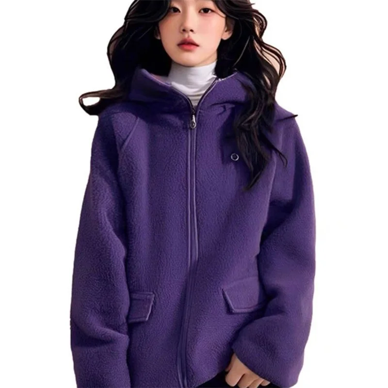 Nowa bluza z kapturem damska na wiosnę, jesień i zimę 2026, ekskluzywna fioletowa bluza z pluszu jagnięcego, luźna, ciepła, gruba kurtka z zamkiem błyskawicznym.