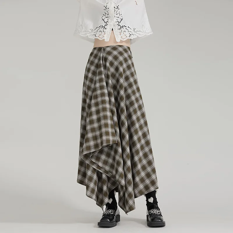 

SuperAen 2024 Vintage Irregular Design Street Plaid Bust Skirt Women's Summer Long Swing Skirt