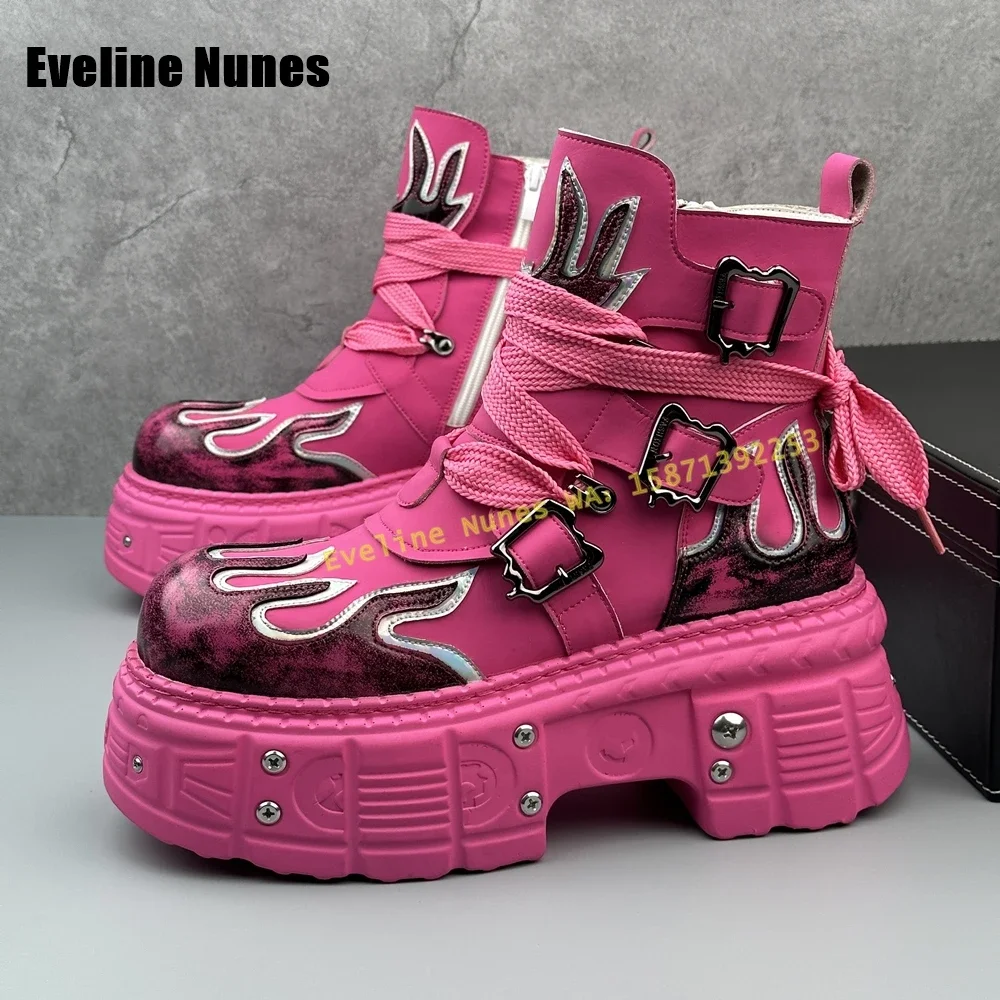 

Rouse Red Flame Pattern Platform Motorcycle Boots Metal Buckle Rivet Lace Up Thick Sole Men Ankle Booties 2025 Winter Autumn