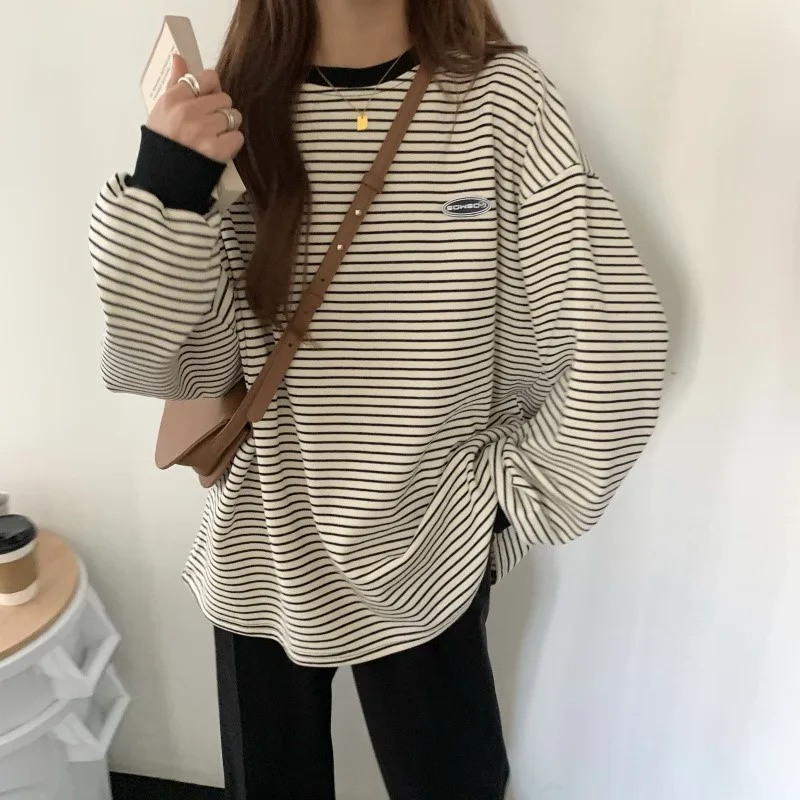 Hot Popular Women Striped Y2k Hoodie Striped Retro Comfort Slouchy Long Sleeve Tees Students Boyfriend Couple Trendy Females Top