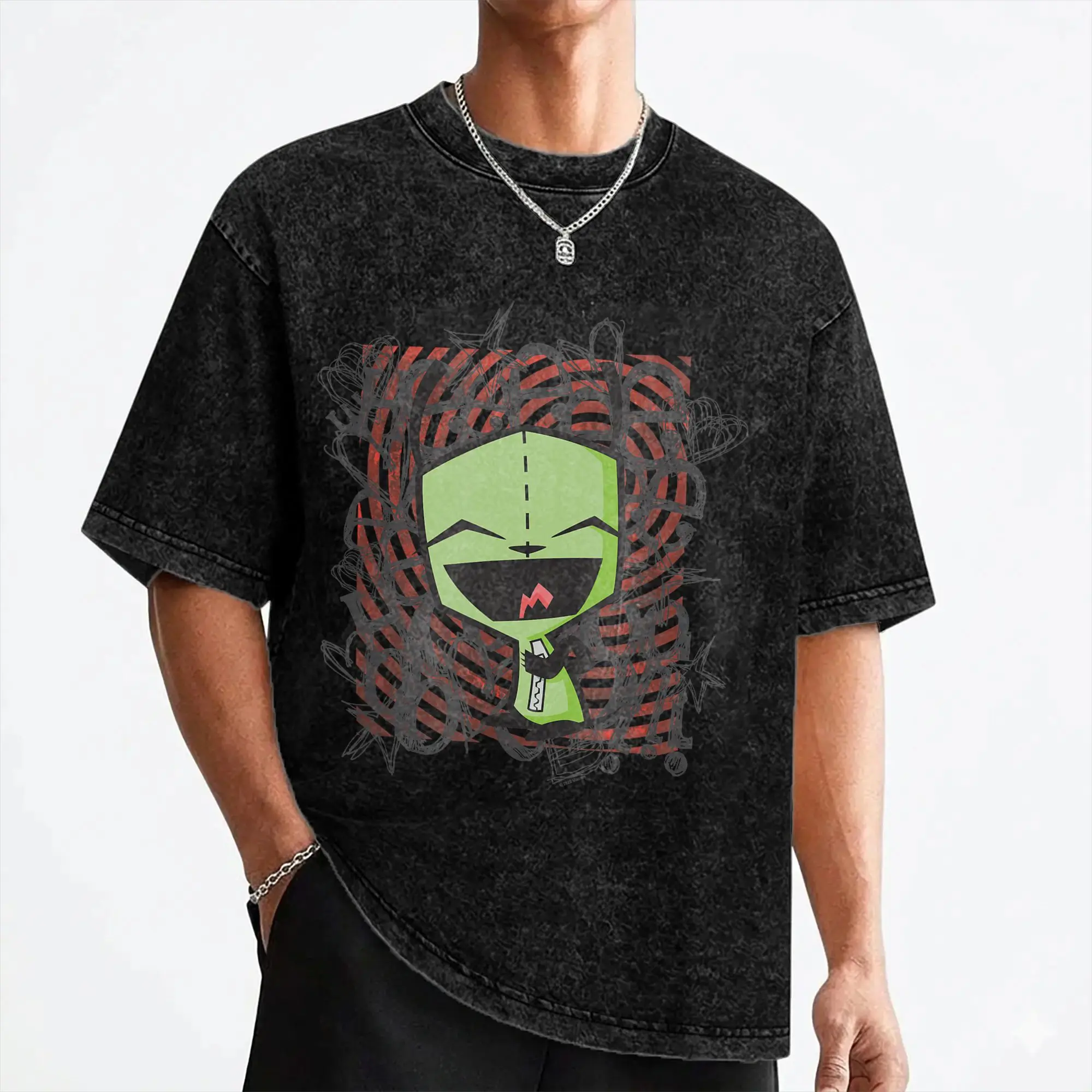 Cartoon Invaders Zim Washed T Shirts Streetwear Vintage T-Shirts  Tees for Men Women Cotton Street Summer