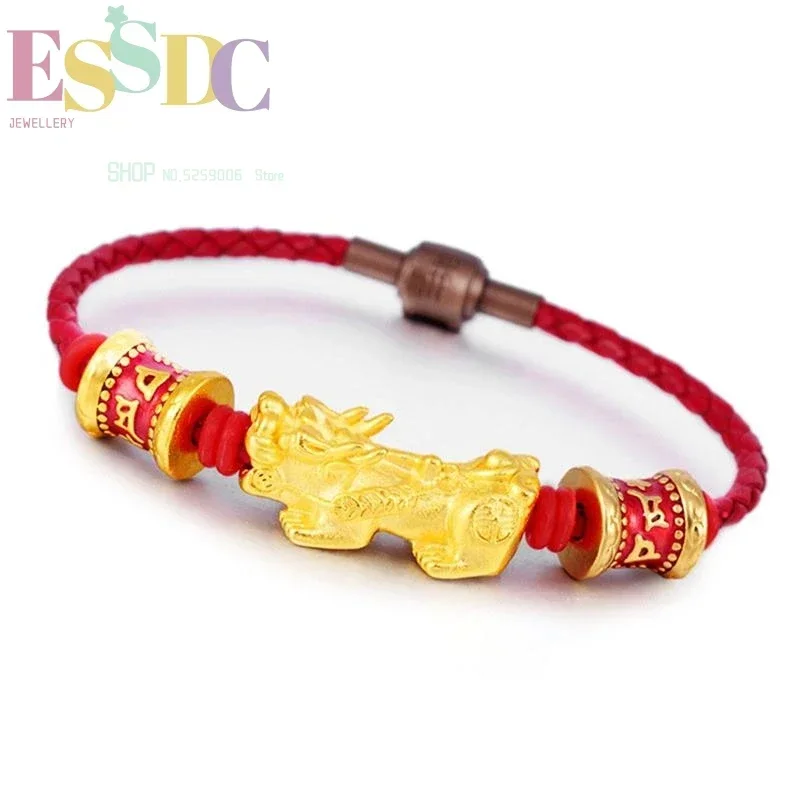 Fashion Vietnamese Sand  Pixiu Charm Leather Chain  Obsidian Beads DIY Imitation Gold Bracelet Accessories Jewelry