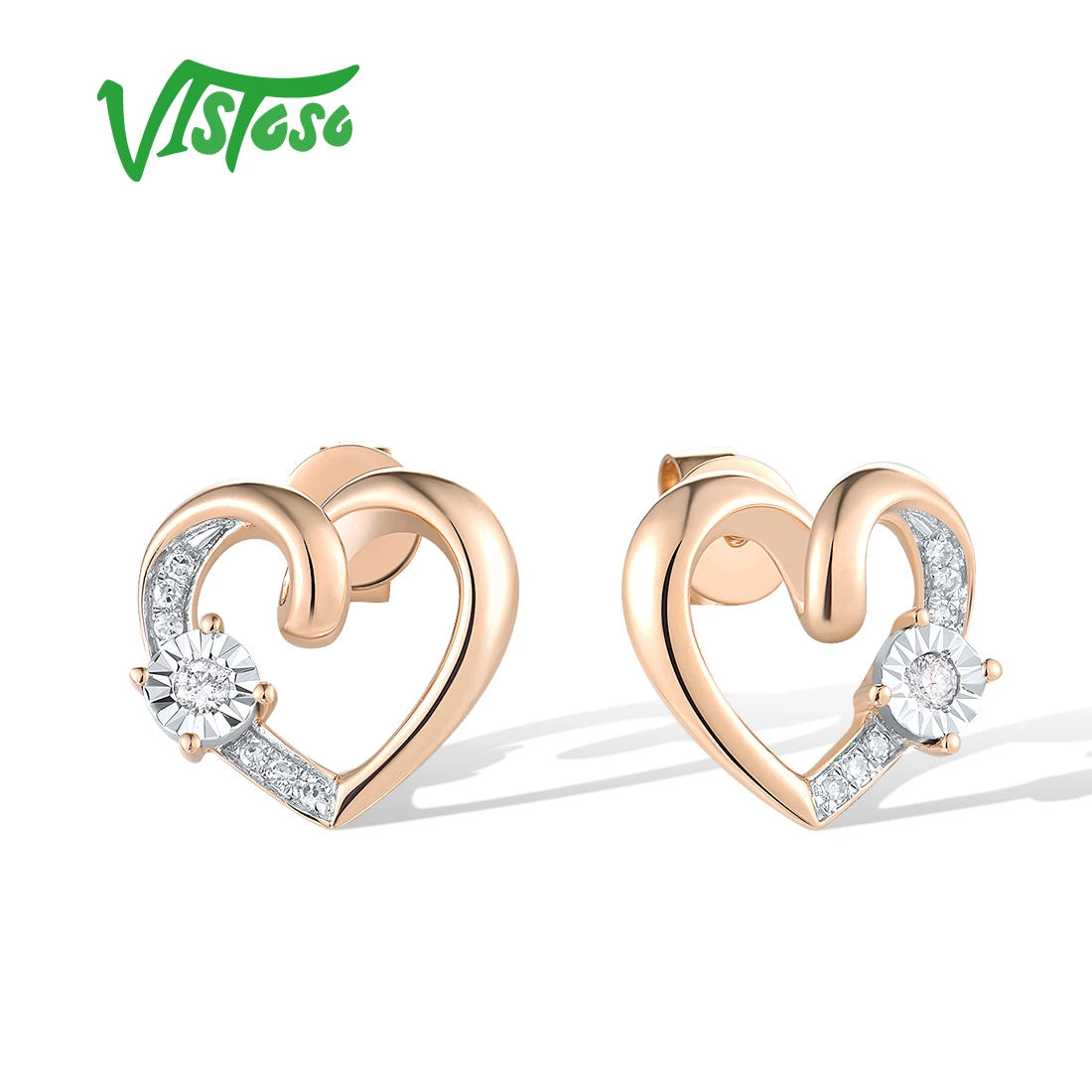 VISTOSO Authentic 14K 585 Two-Tone Gold Stud Earrings For Women Sparkling Diamond Sweat Heart Elegant Wedding Gift Fine Jewelry