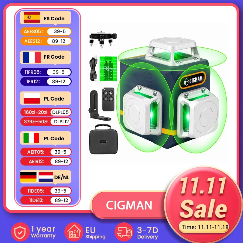 CIGMAN CM-701 3x360° Self Leveling Laser Level, 100ft 3D Green Cross Line, Rechargeable Battery, Remote Control - EU Plug